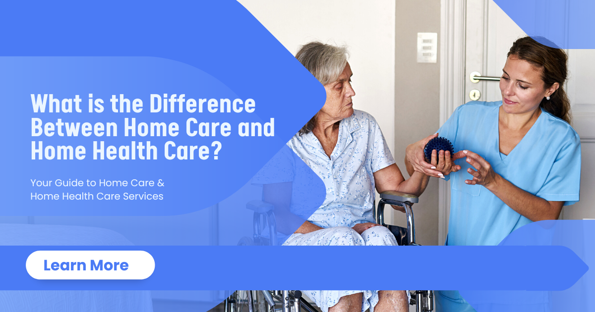 A professional caregiver demonstrates a therapy exercise ball to a senior woman sitting in a wheelchair inside her home, illustrating the difference between home care and home health care services.