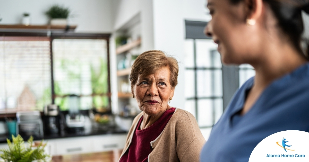 Caregiver provides attentive senior care as part of diabetes awareness