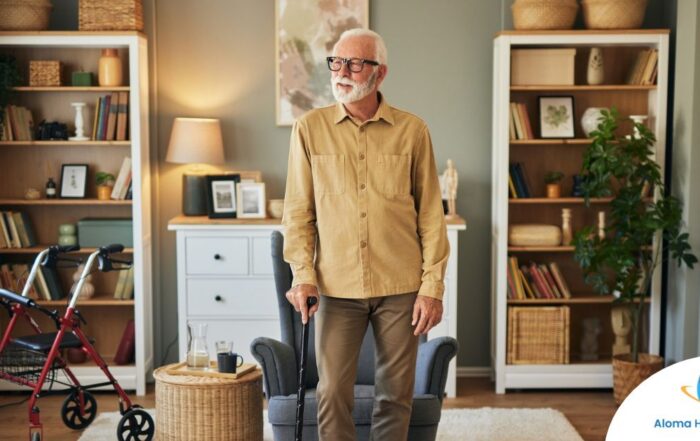 Exploring fall prevention for seniors — an elderly man stands in a safely arranged room.