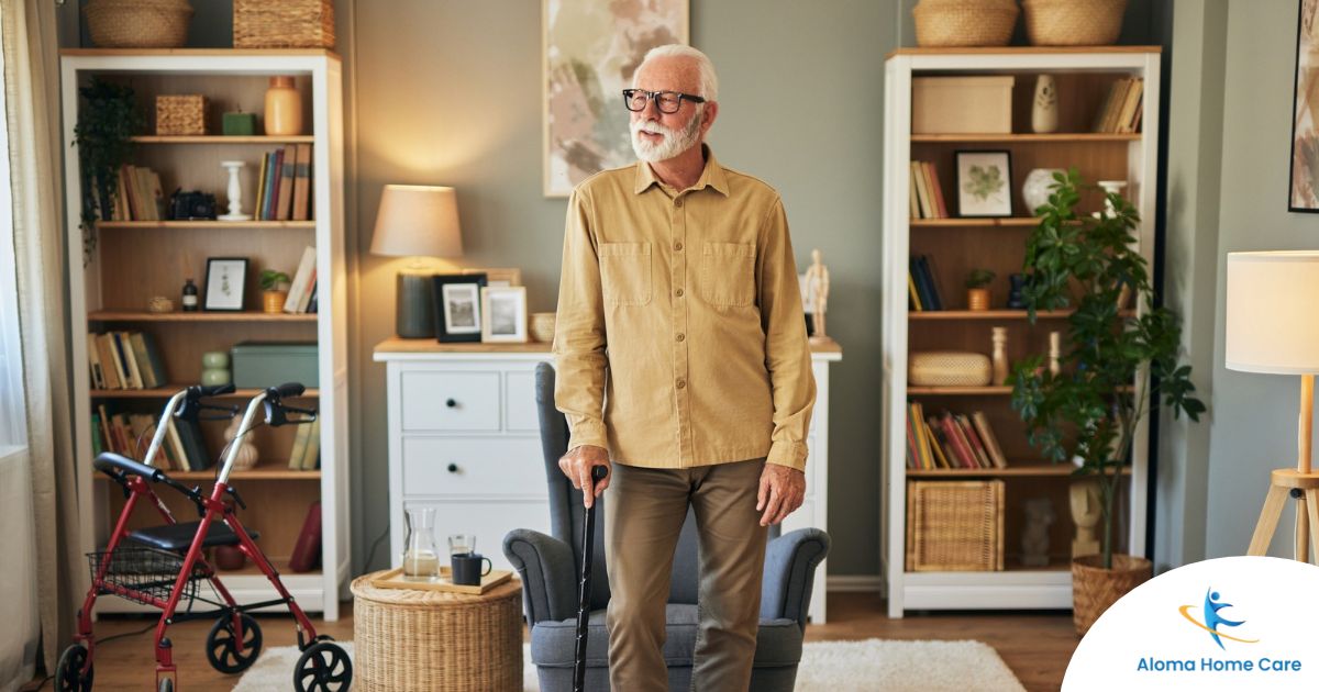 Exploring fall prevention for seniors — an elderly man stands in a safely arranged room.