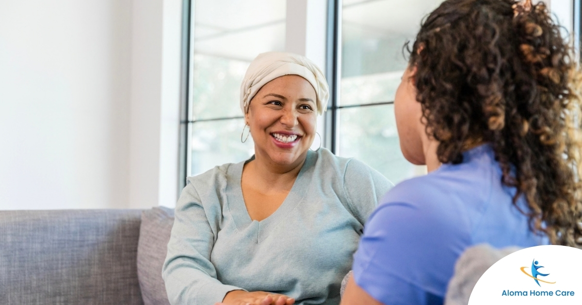 Senior woman benefiting from home care during cancer treatment.